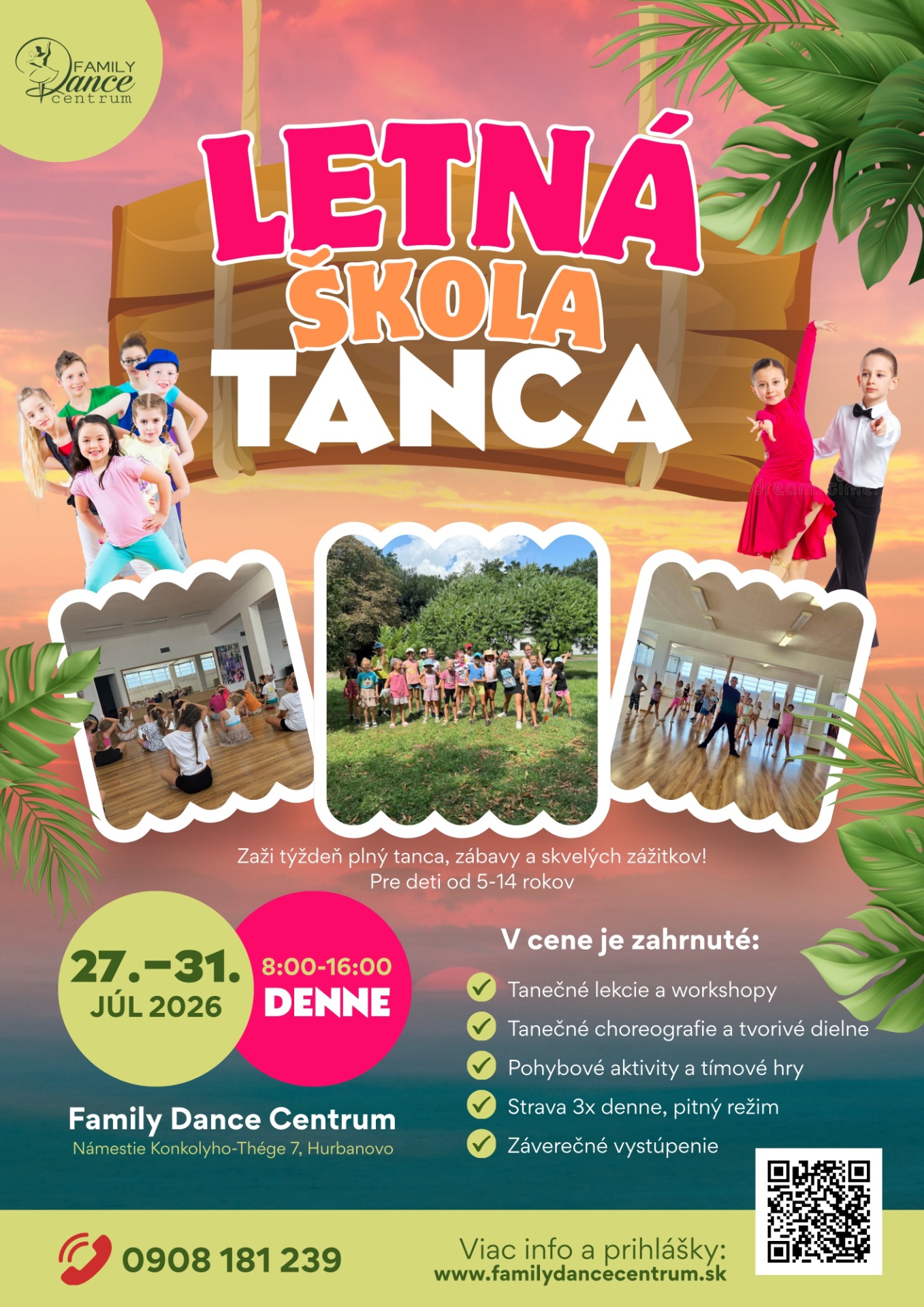 Propagačný plagát letného tábora Family Dance Centrum s deťmi, nápisom Letná škola tanca.